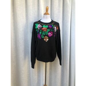 Margules black pullover crew neck sweater with beaded sequin floral embroidery